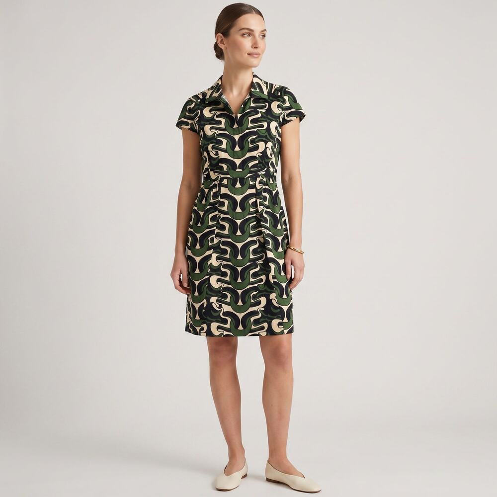 DIANE von FURSTENBERG Green Geometric Silk Shirt Dress Vintage 10 Short Sleeve